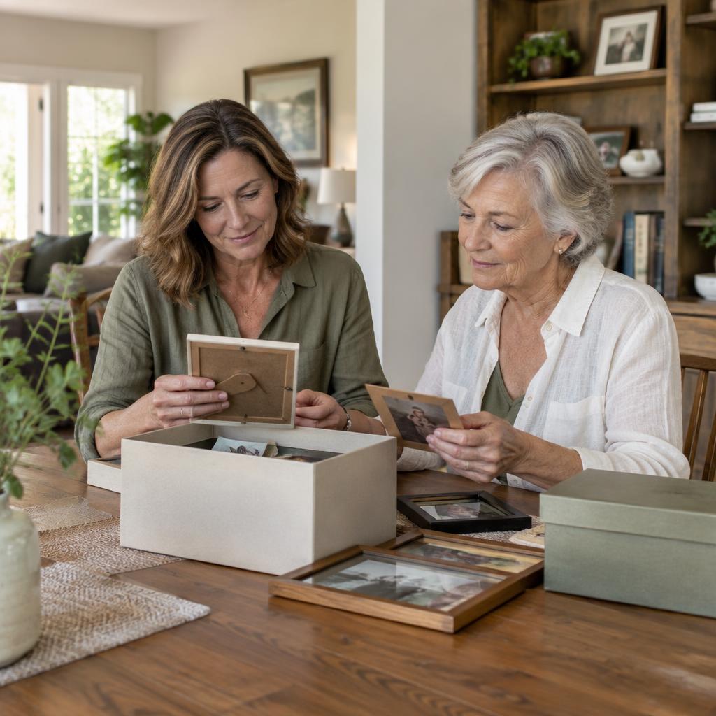 An adult daughter and her mother calmly sorting family photographs at home