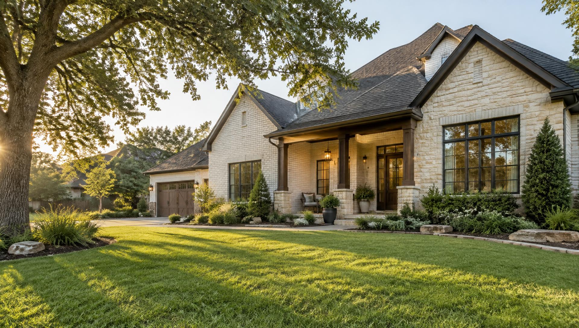 A welcoming limestone home with a shaded porch and green lawn in a Texas neighborhood